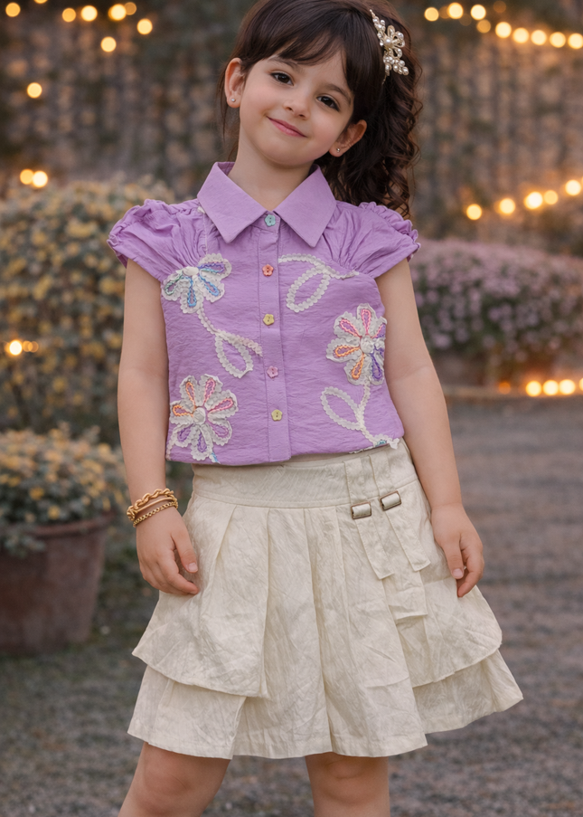 Girls Lavender Floral Top & White Skirt Set | Kids Stylish Party Wear Outfit