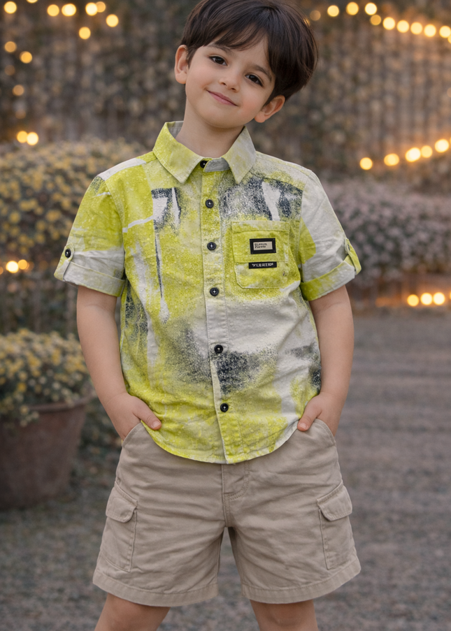 Boys Lime Green Printed Casual Shirt | Kids Cotton Half Sleeve Stylish Shirt