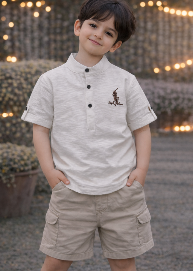 Boys  White Mandarin Collar T-Shirt | Kids Casual Cotton Half Sleeve Tee