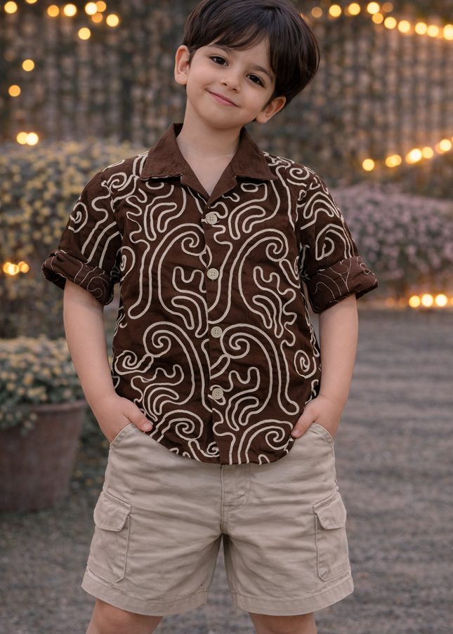 Boys Brown Printed Casual Shirt | Kids Cotton Half Sleeve Stylish Shirt