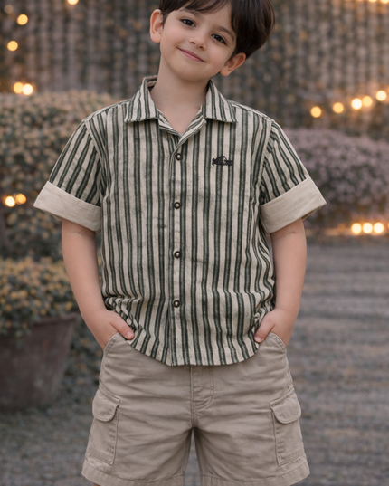 Boys Green Striped Casual Shirt | Kids Cotton Half Sleeve Stylish Shirt