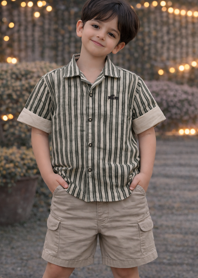 Boys Green Striped Casual Shirt | Kids Cotton Half Sleeve Stylish Shirt
