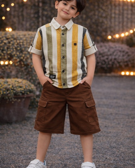 Boys Multicolor Striped Shirt & Brown Shorts Set | Kids Casual Co-Ord Outfit