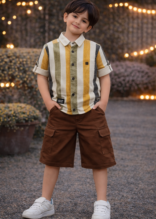 Boys Multicolor Striped Shirt & Brown Shorts Set | Kids Casual Co-Ord Outfit