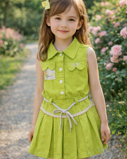 He & She Girls Green Sleeveless Cotton Dress with Belt – Stylish Summer Kids Outfit