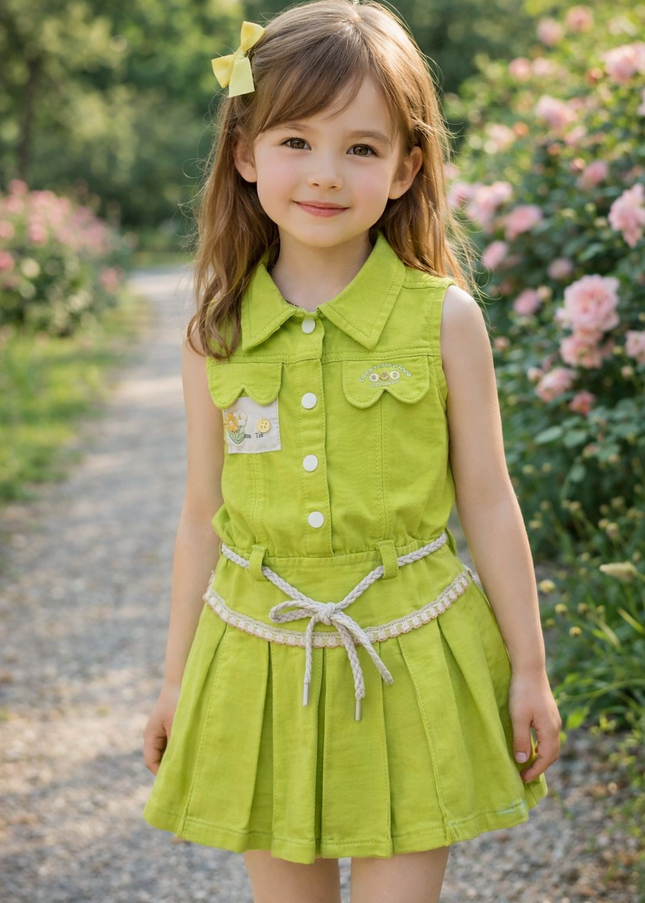 He & She Girls Green Sleeveless Cotton Dress with Belt – Stylish Summer Kids Outfit