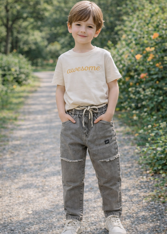 He & She Kids Grey Washed Denim Jeans with Cargo Pockets – Stylish Casual Bottom Wear