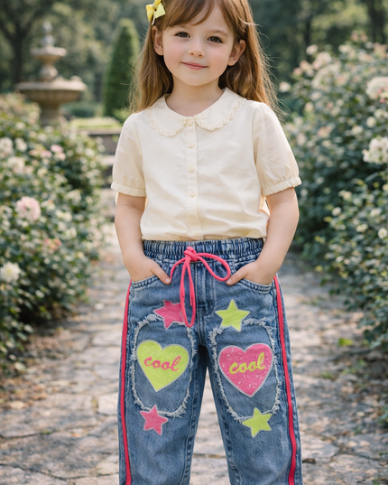 Girls Denim Jogger Pants with Heart & Star Patches | Kids Stylish Elastic Waist Jeans