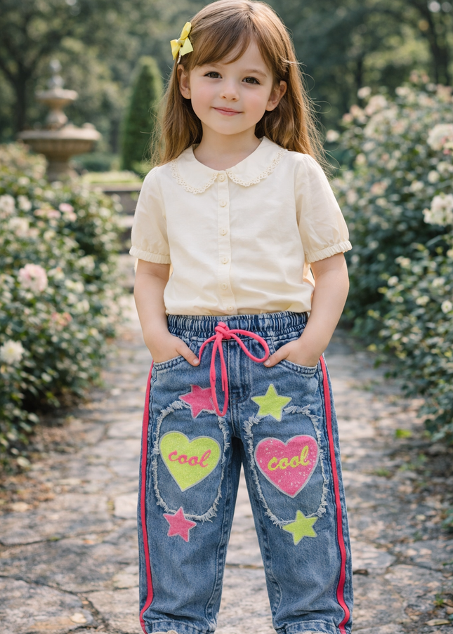 Girls Denim Jogger Pants with Heart & Star Patches | Kids Stylish Elastic Waist Jeans