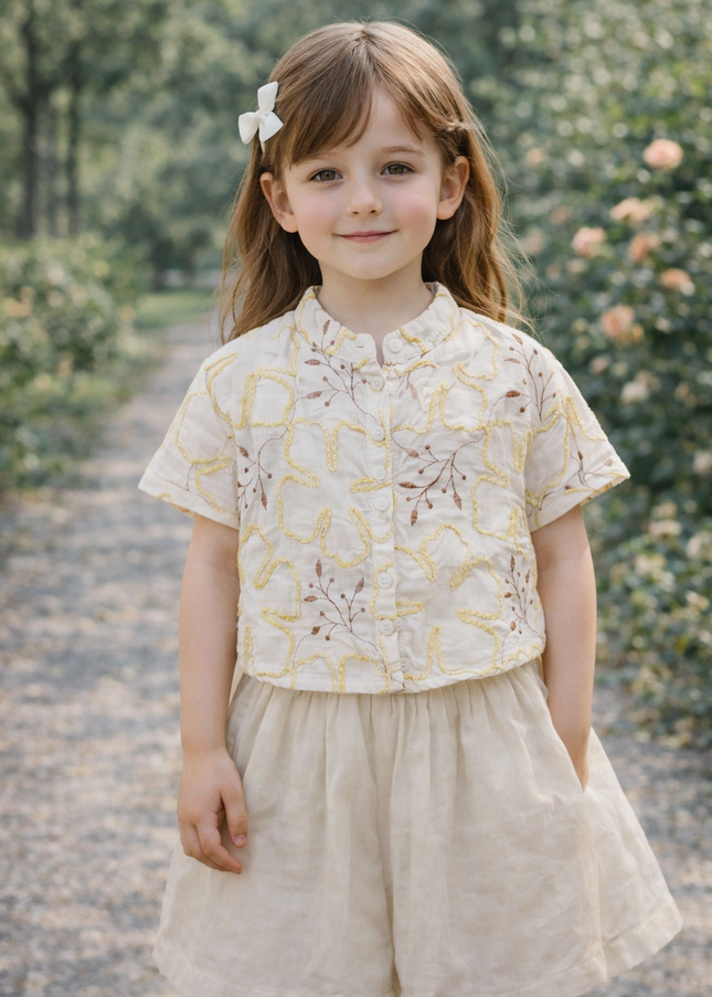 Girls Cream Embroidered Cotton Top – Elegant Floral Design Casual Wear | He and She