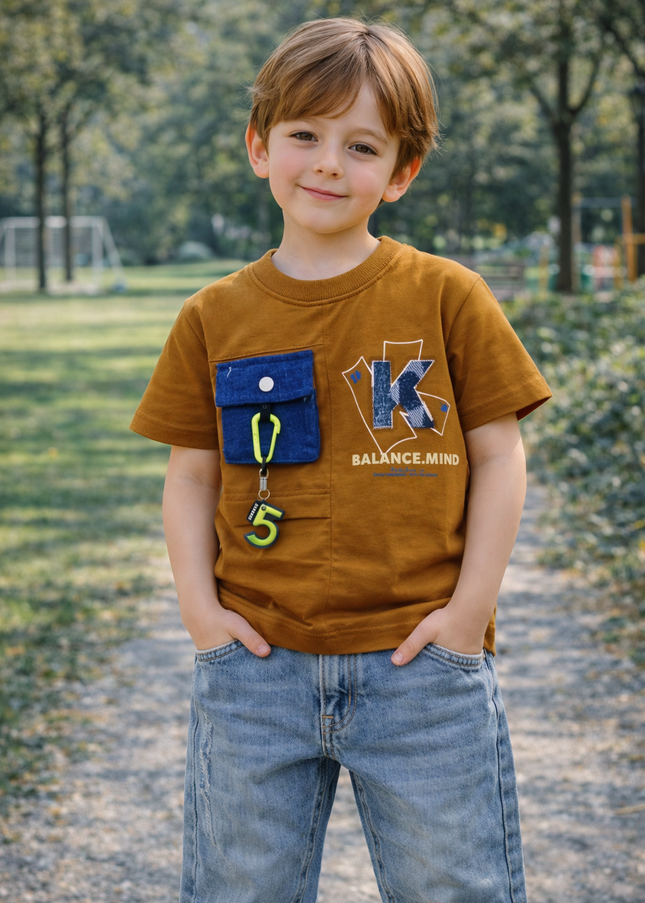 Boys Brown Graphic T-Shirt with Utility Pocket – Stylish Casual Wear | He and She