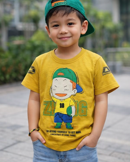 Boys Yellow Cartoon Printed T-Shirt – Trendy Graphic Cotton Tee | He & She