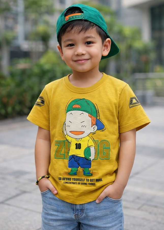 Boys Yellow Cartoon Printed T-Shirt – Trendy Graphic Cotton Tee | He & She