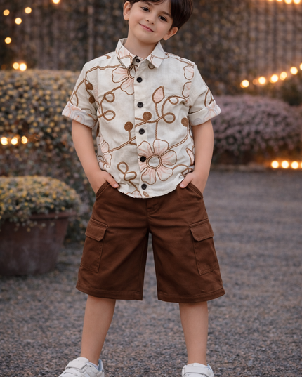 Boys Cream Floral Printed Casual Shirt | Kids Stylish Cotton Party Wear Shirt