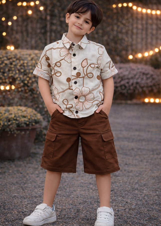 Boys Cream Floral Printed Casual Shirt | Kids Stylish Cotton Party Wear Shirt