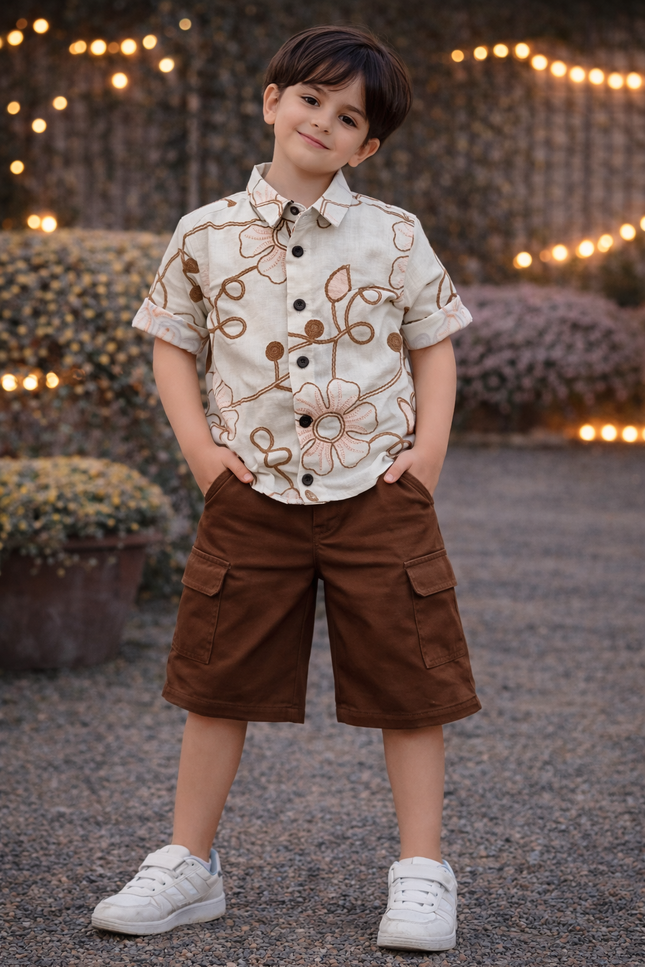 Boys Cream Floral Printed Casual Shirt | Kids Stylish Cotton Party Wear Shirt