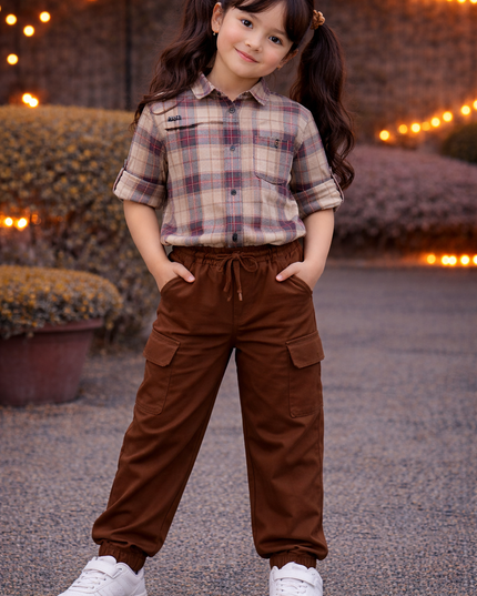 Girls Brown Cargo TrackPants | Kids Cotton  Casual Pants