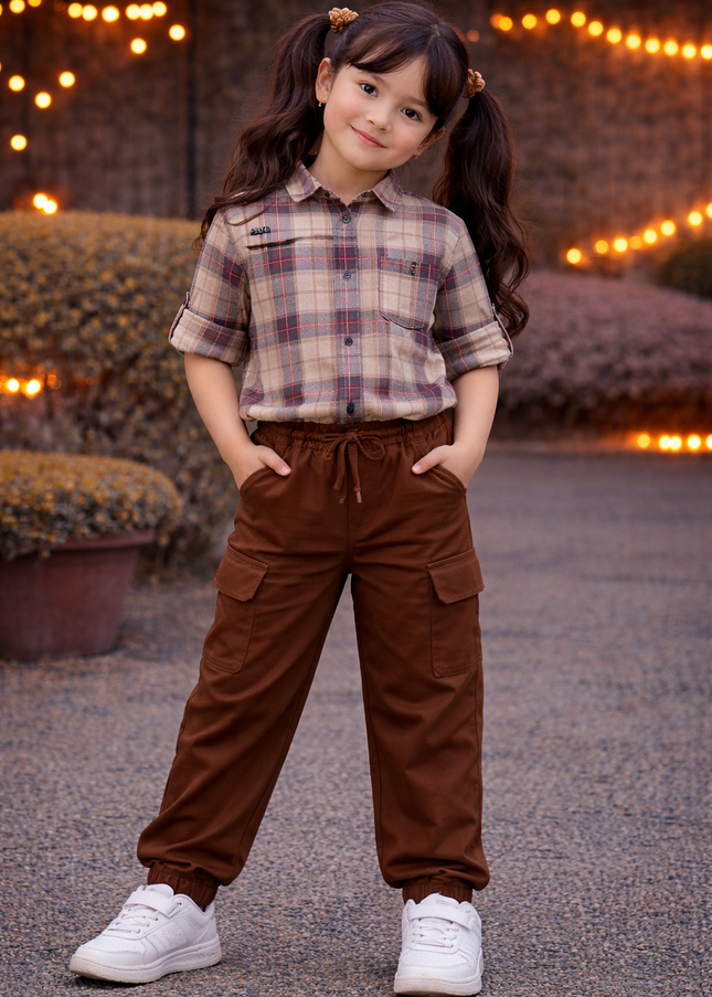 Girls Brown Cargo TrackPants | Kids Cotton  Casual Pants