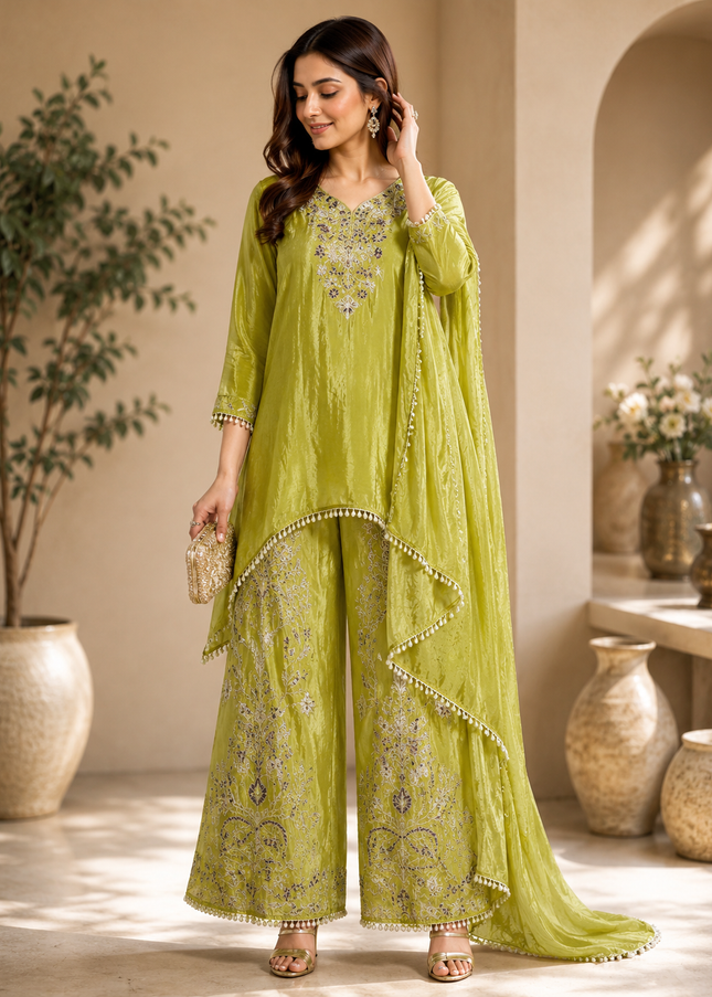 He & She Women’s Lime Green Embroidered Kurta Palazzo Co-Ord Set