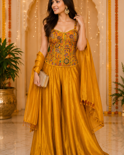 He and She Mustard Embroidered Palazzo Set for Women with Dupatta