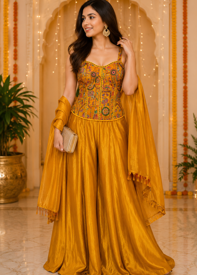 He and She Mustard Embroidered Palazzo Set for Women with Dupatta
