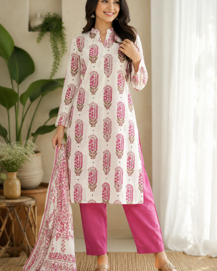 He and She Women’s White & Pink Printed Kurti Pant Set with Dupatta