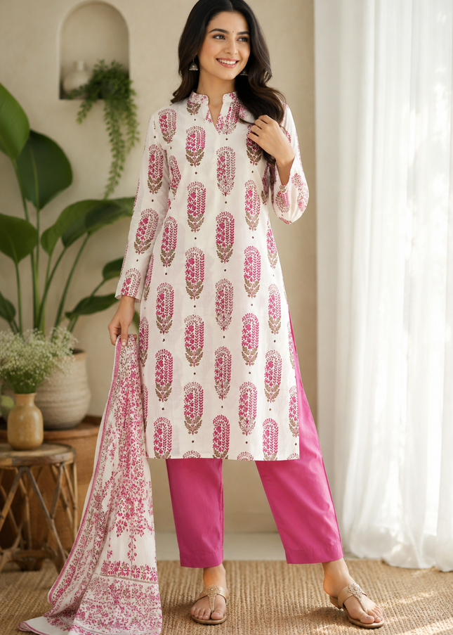 He and She Women’s White & Pink Printed Kurti Pant Set with Dupatta