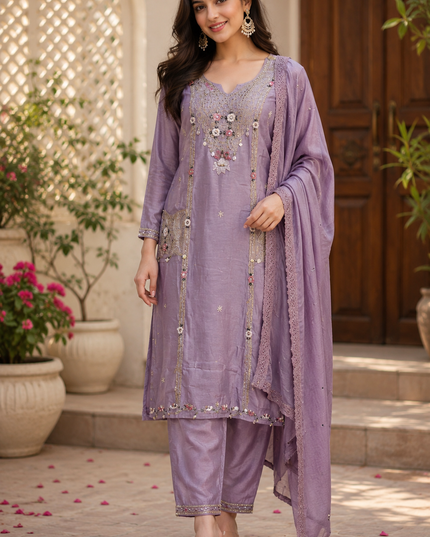 He and She Women’s Lavender Embroidered Kurta Pant Dupatta Set | Ethnic Wear Suit Set for Festive & Party Wear