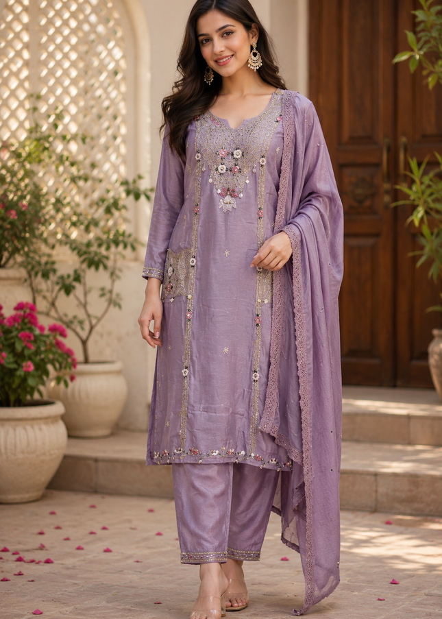 He and She Women’s Lavender Embroidered Kurta Pant Dupatta Set | Ethnic Wear Suit Set for Festive & Party Wear