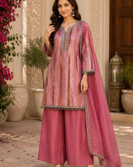 He and She Women’s Pink Embroidered Palazzo Set with Dupatta | Elegant Ethnic Kurta Set