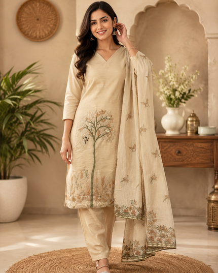He And She Women’s Beige Embroidered Kurti Pant Dupatta Set