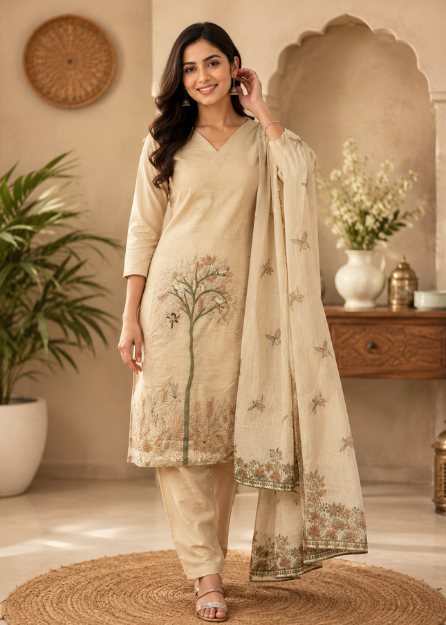 He And She Women’s Beige Embroidered Kurti Pant Dupatta Set