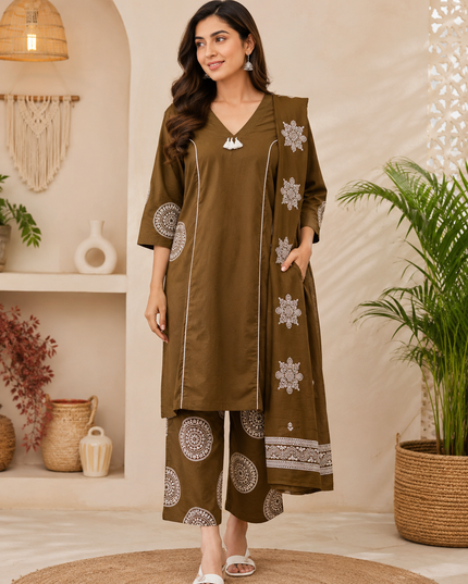 Women Printed Kurti Set with Palazzo & Dupatta | Ethnic Wear for Women | He and She