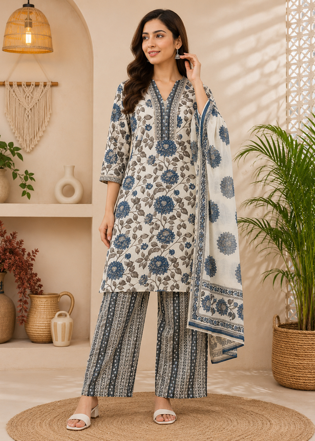 Women Floral Printed Kurti Set with Palazzo & Dupatta | Elegant Ethnic Wear | He and She