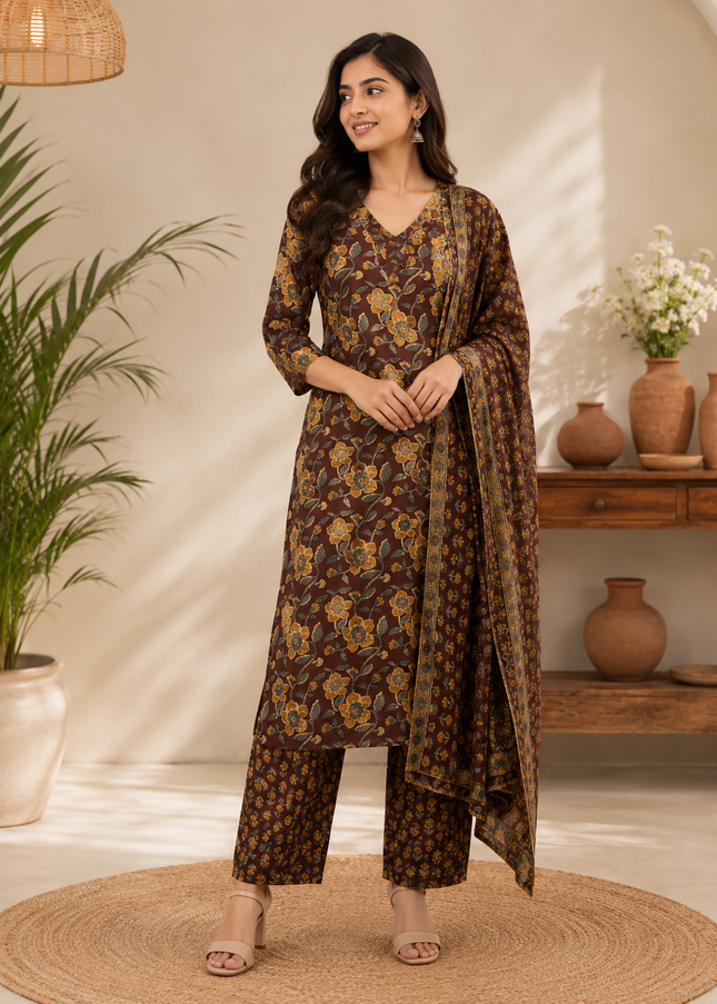 Women Floral Printed Kurti Set with Dupatta | Elegant Ethnic Wear for Women | He and She