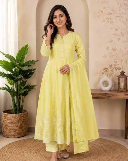 He And She Women's Lemon Yellow Embroidered Anarkali Kurta Set with Dupatta & Pants