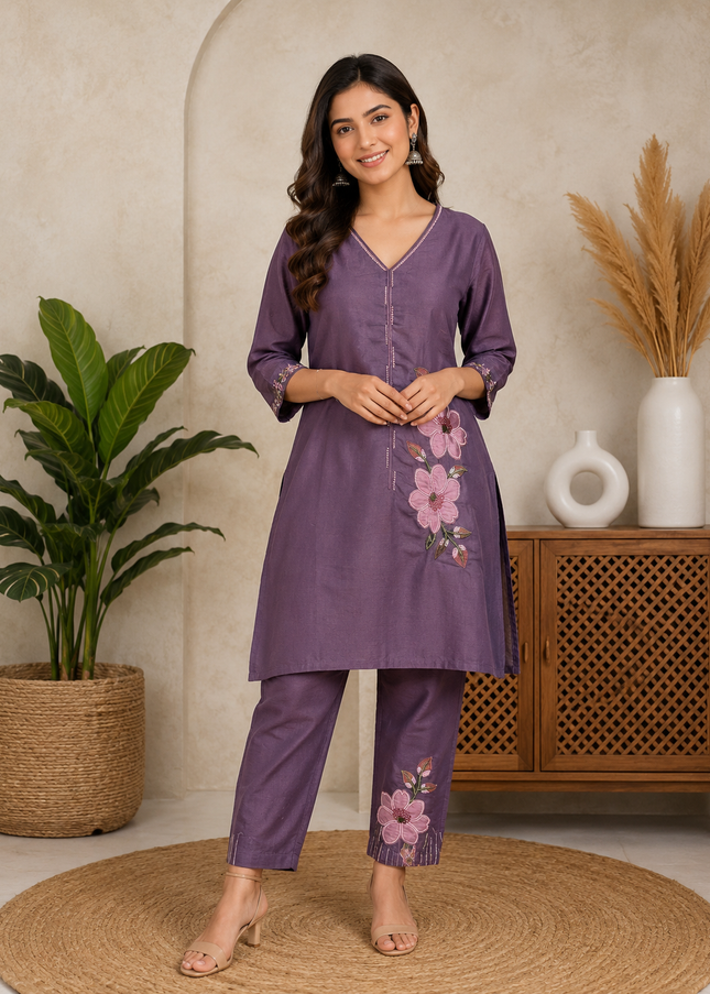He And She Women’s Purple Embroidered Cord Set | Stylish Casual & Ethnic Co-Ord Set for Women