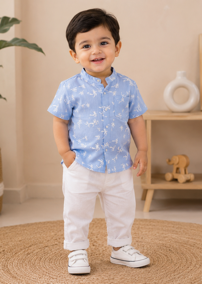 He And She Boys Blue Printed Co-Ord Set | Stylish Cotton Shirt & Pant Set for Kids