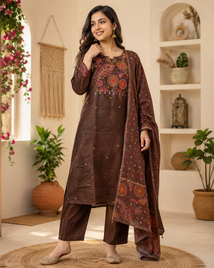 He And She Women Brown Embroidered Kurti Pant Dupatta Set | Ethnic Wear for Women
