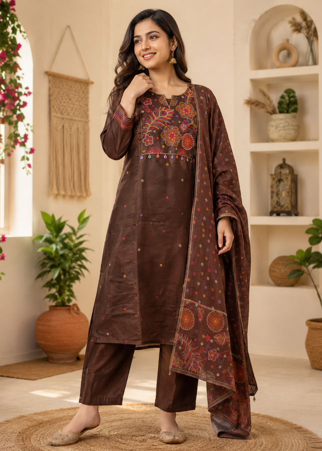 He And She Women Brown Embroidered Kurti Pant Dupatta Set | Ethnic Wear for Women