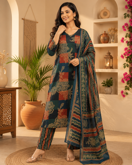 He And She Women Printed Kurti Pant Dupatta Set | Stylish Ethnic Wear for Women