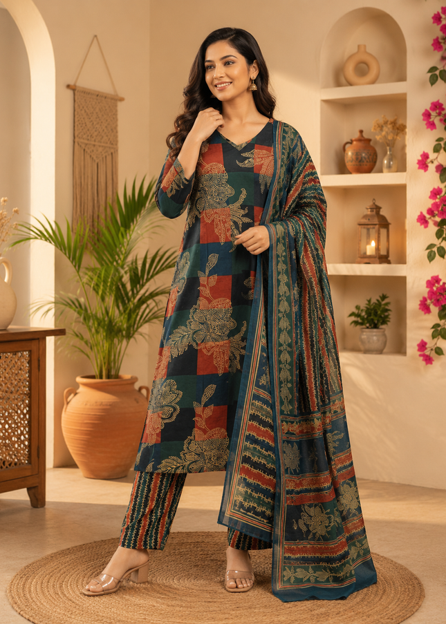 He And She Women Printed Kurti Pant Dupatta Set | Stylish Ethnic Wear for Women