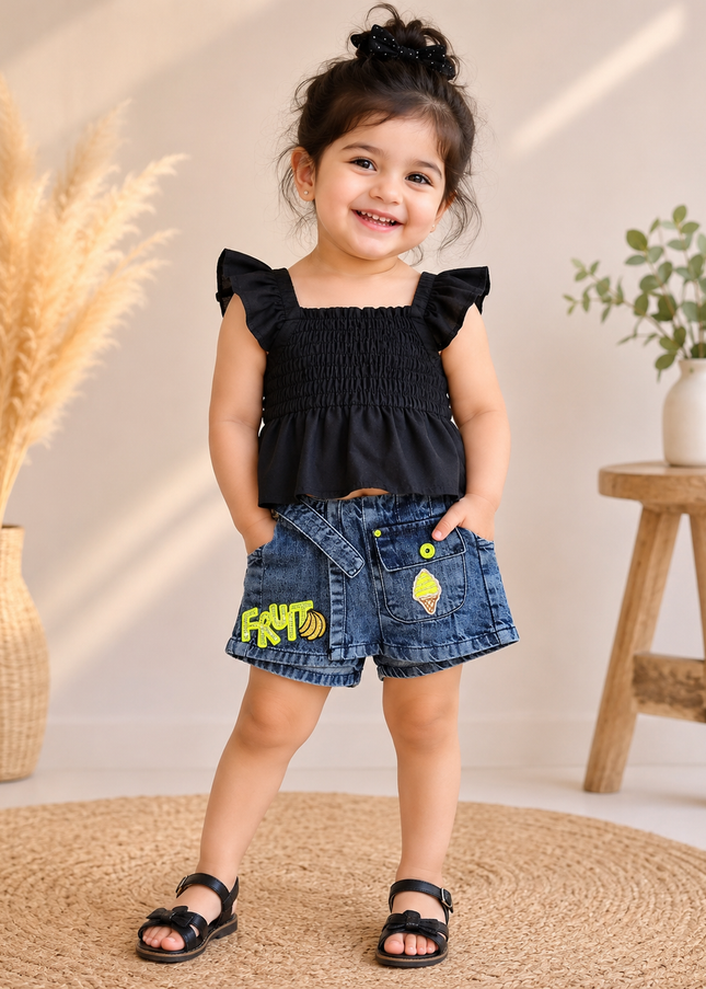 He and She Girls Stylish Denim Shorts with Fruit Patch Design for Kids