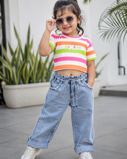 He and She Girls Multicolor Striped Crop Top for Kids