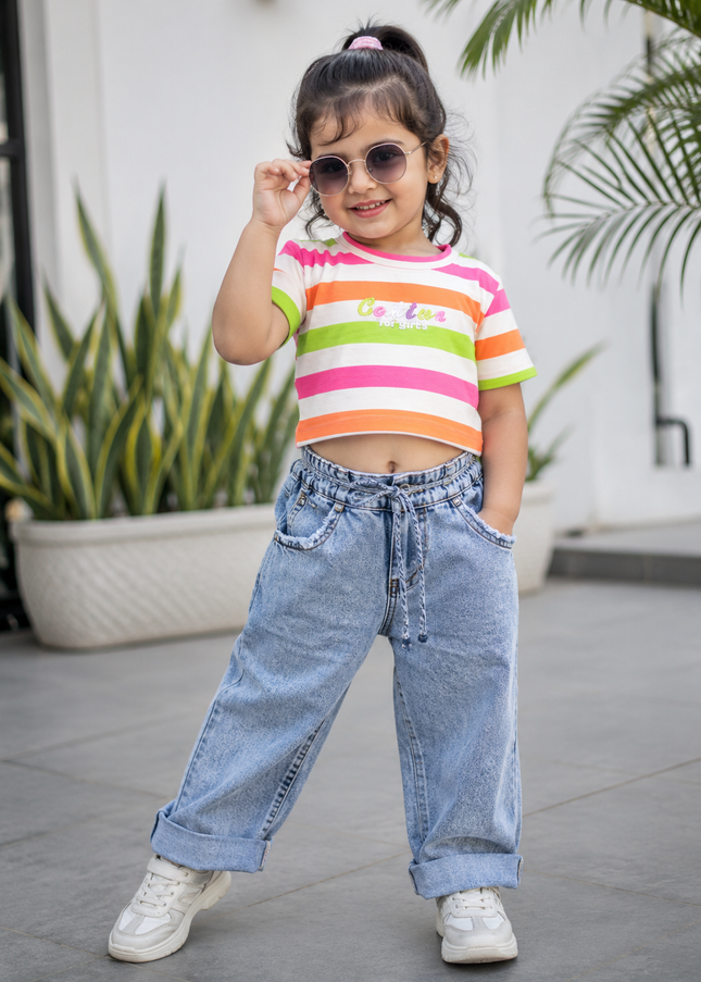 He and She Girls Multicolor Striped Crop Top for Kids