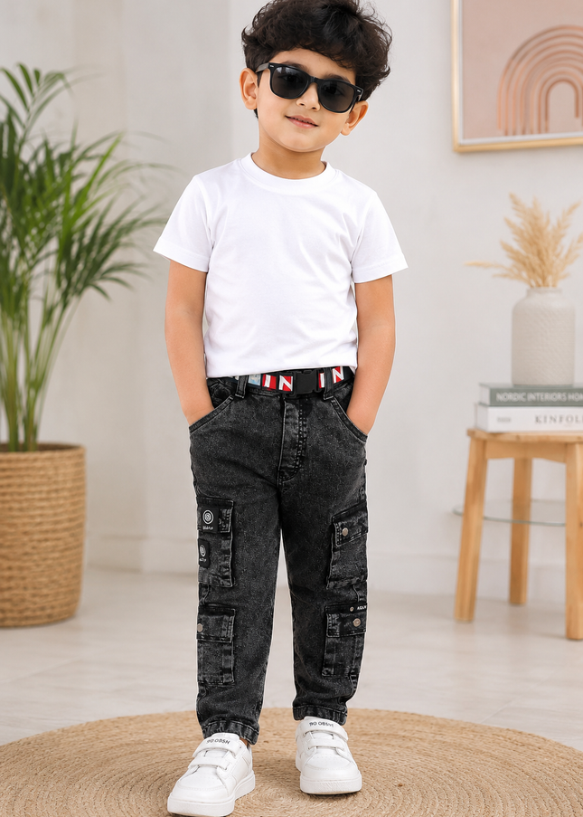 Boys Stylish Black Cargo Jeans for Kids | Trendy Denim Pants by He And She