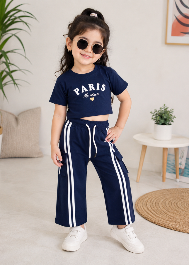 Girls Stylish Navy Blue Cord Set for Kids | Trendy Co-Ord Outfit by He And She