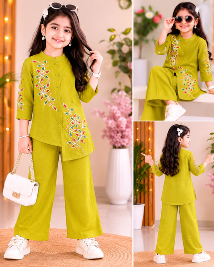 Girls Lime Green Embroidered Cord Set for Kids | Stylish Kurta Pant Set by He And She