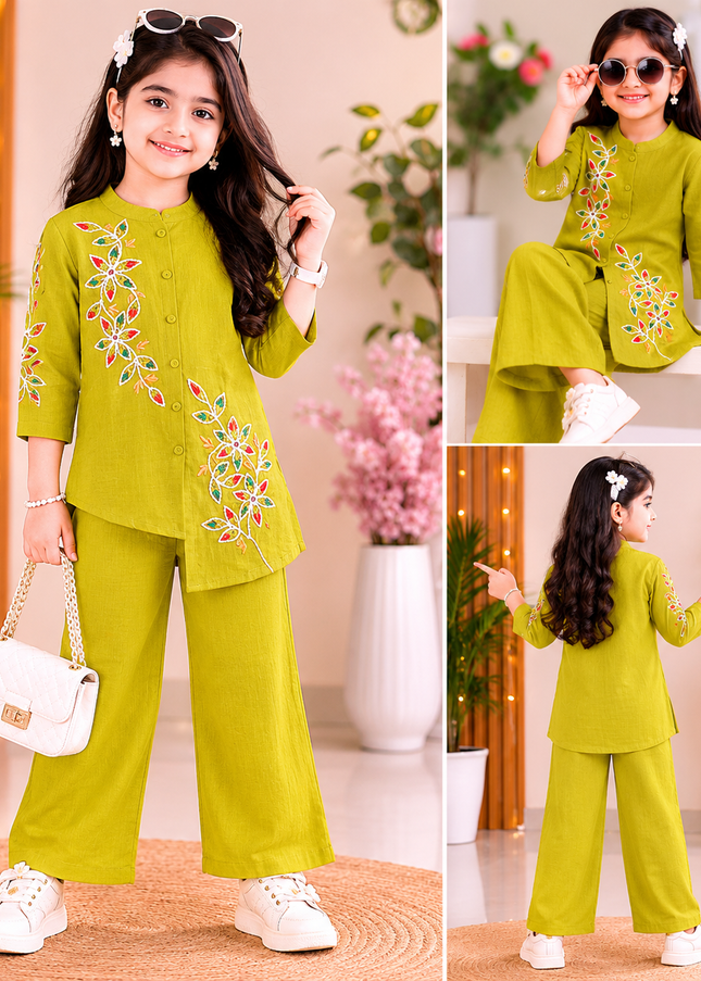 Girls Lime Green Embroidered Cord Set for Kids | Stylish Kurta Pant Set by He And She