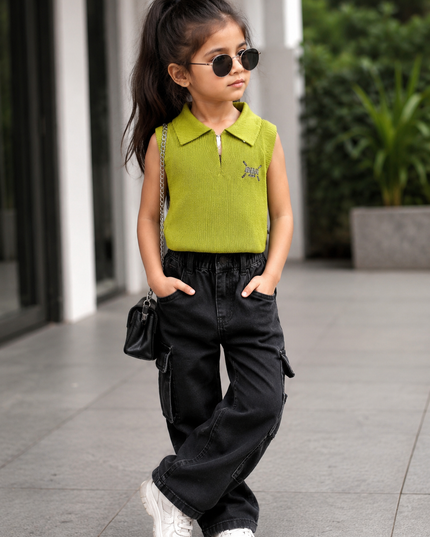 Girls Lime Green Sleeveless Ribbed Collar Top for Kids | Stylish Casual Summer Top